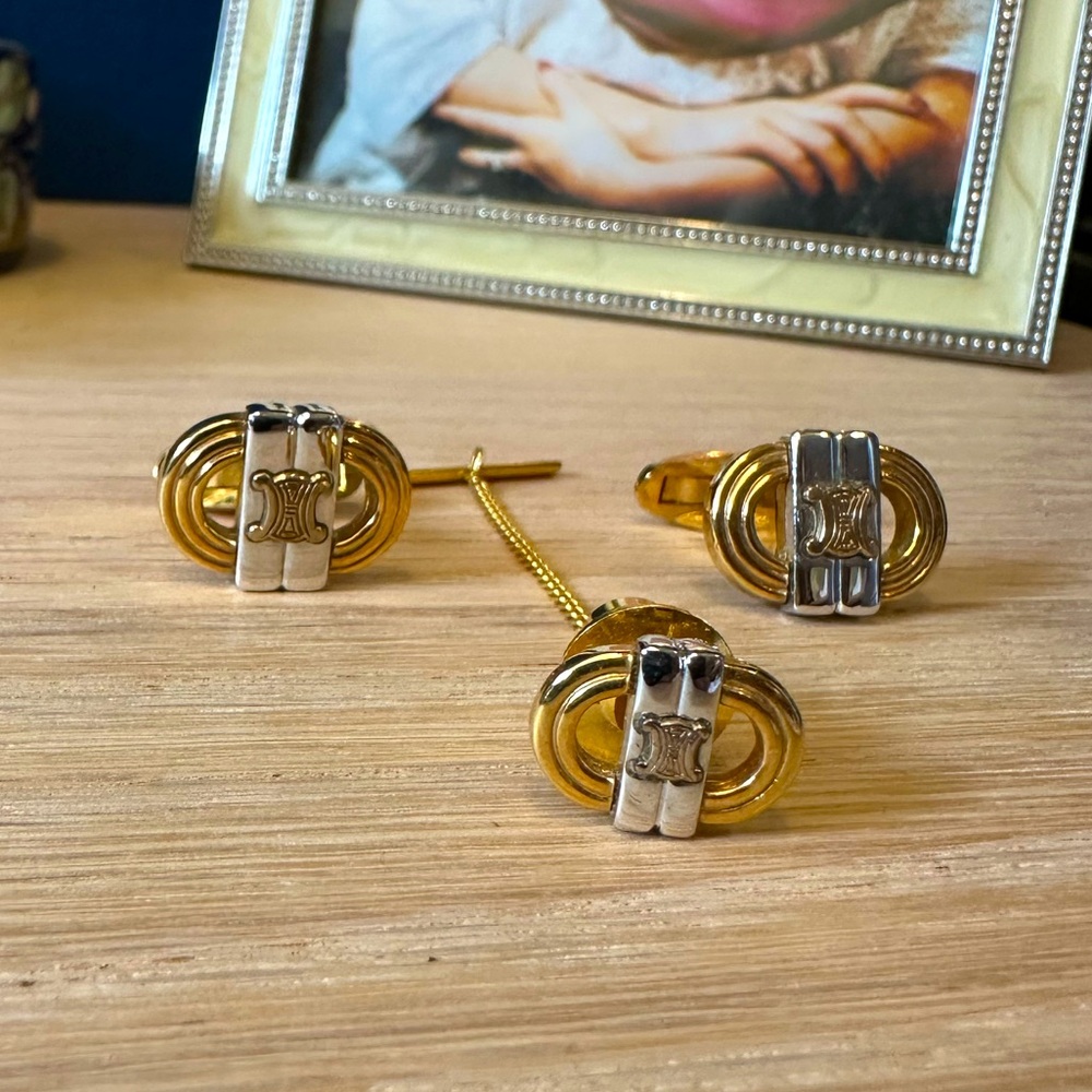 Celine Vintage Paris Logo Cufflinks & Tie Tack Set – Gold & Silver Tone